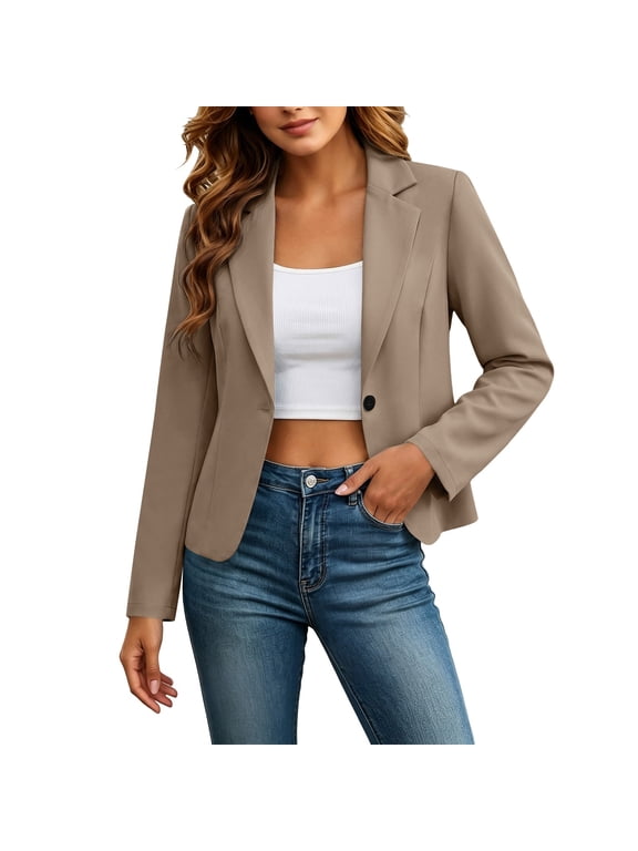 Cropped Blazer For Women Lapel V Neck Button Down Long Sleeve Outwear Business Casual Stylish Cardigan (M, Beige)