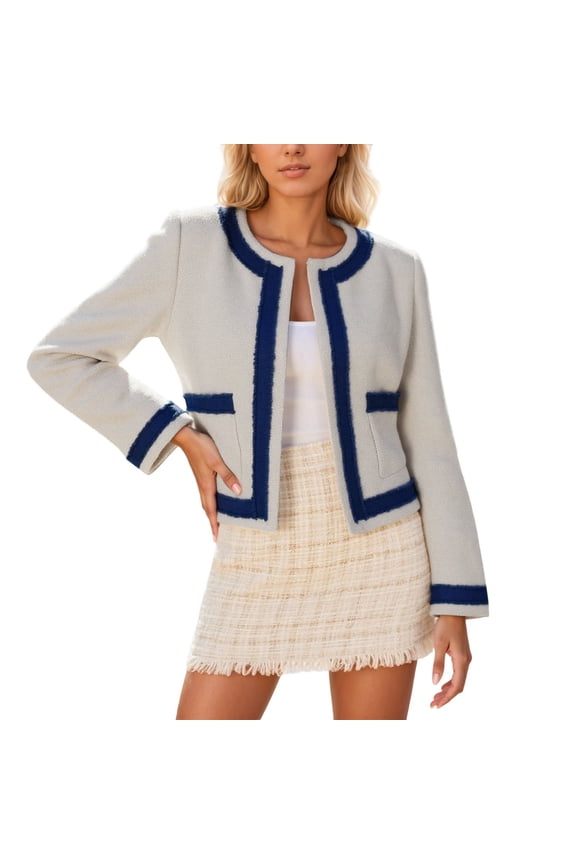 Cropped Blazer for Women Long Sleeve Open Front Crewneck Business Casual Cardigan Jacket Coat Outerwear