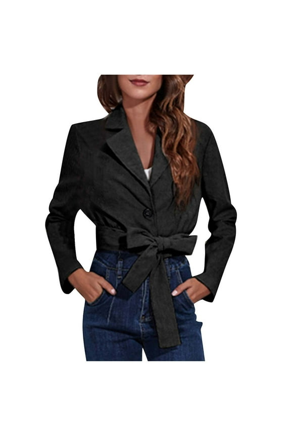 Cropped Blazers Jacket for Women Lace Up Waist Dressy Blazer Long Sleeve Lapel Work Clothes Spring Fall Outwear Ladies Clothes