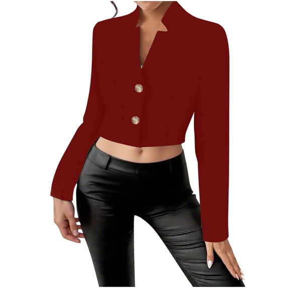 Cropped Blazers for Women Business Casual Button Down Long Sleeve Suit Jacket Trendy Dressy Work Office Blazer Wine XL