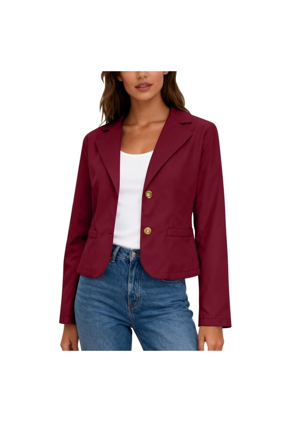 Cropped Blazers for Women Business Casual Suit Jacket Long Sleeve Button up Lapel Notched Collar Work Blouses (L, Wine)