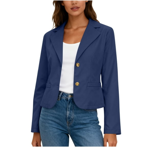 Cropped Blazers for Women Business Casual Suit Jacket Long Sleeve Button up Lapel Notched Collar Work Blouses (XL, Navy)