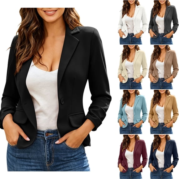 Cropped Blazers for Women Dressy Business Blazers Jacket Solid Single Button Work Jackets Plus Size Lightweight Coats with Pockets