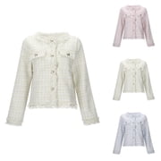 Cropped Blazers for Women Long Sleeve Button Down Open Front Plaid Tweed Blazer Business Casual Office Work Jacket