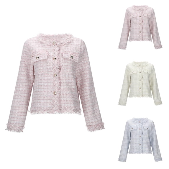 Cropped Blazers for Women Long Sleeve Button Down Open Front Plaid Tweed Blazer Business Casual Office Work Jacket