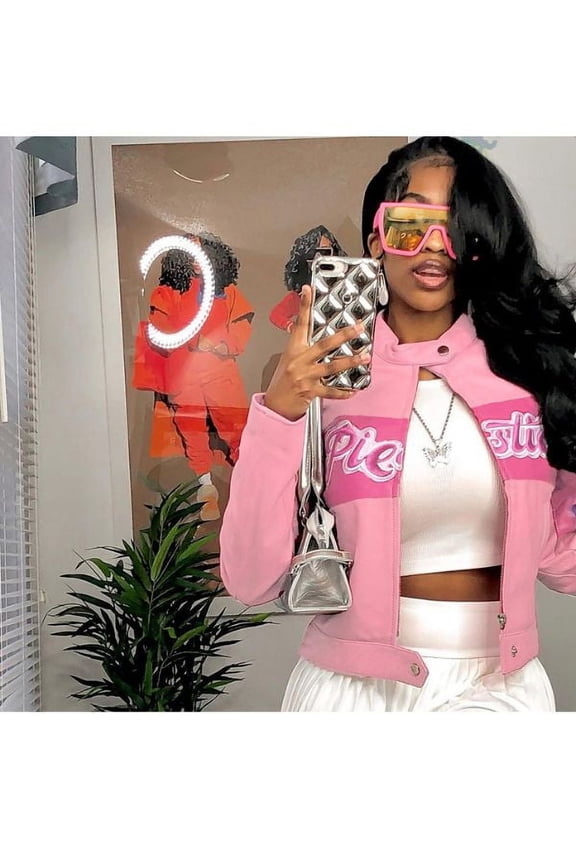 Cropped Bomber Jacket Long Sleeve Jacket (L, Pink)