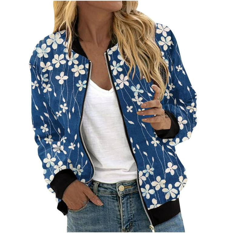 Cropped Bomber Jacket Women Zip Up Long Sleeve Floral