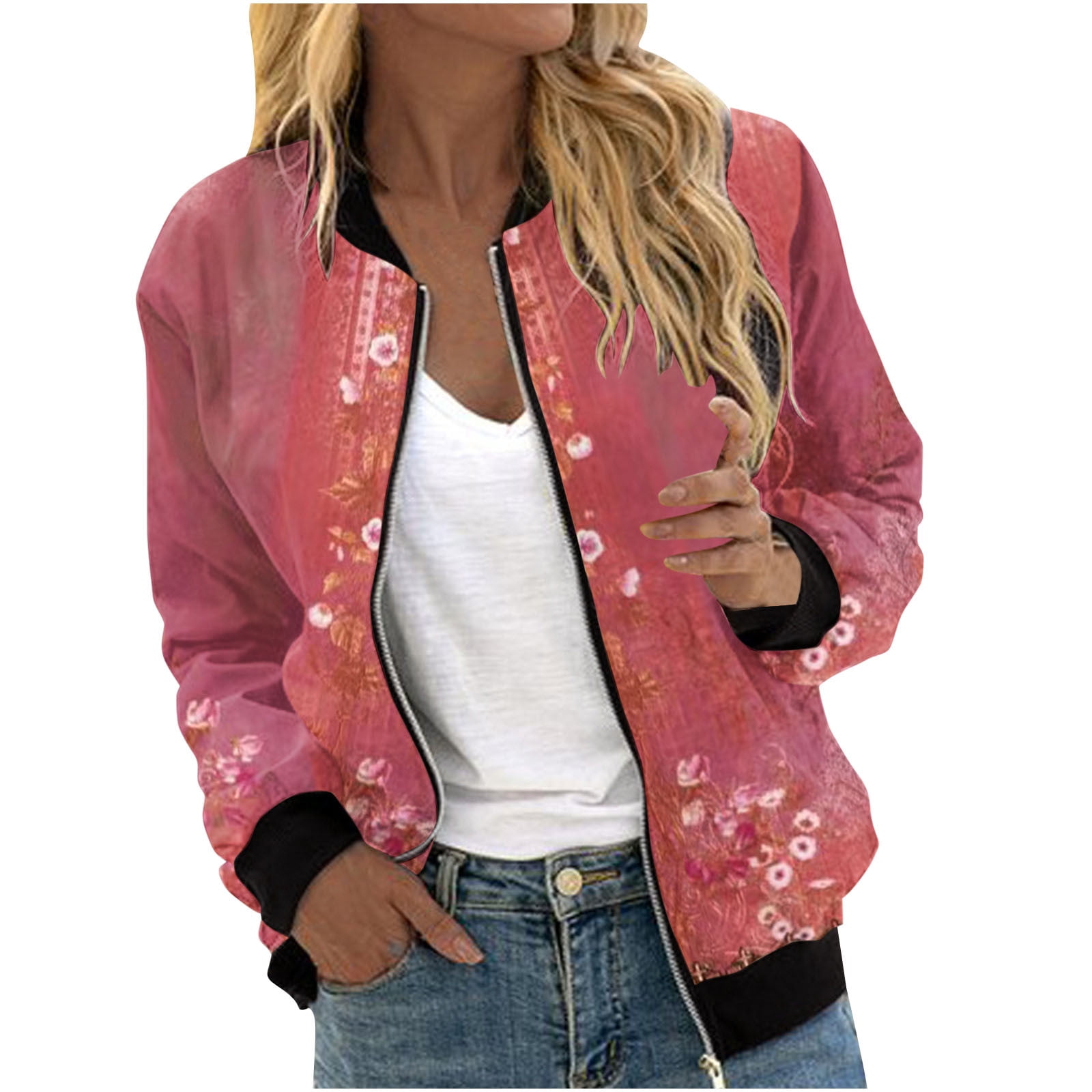 Cropped Bomber Jacket Women Zip Up Long Sleeve Floral Cropped Bomber Jacket Women Zip Up Long Sleeve Floral