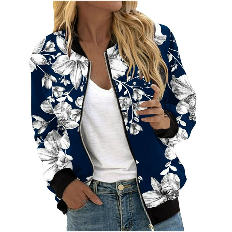 Cropped Bomber Jacket Women Zip Up Long Sleeve Floral