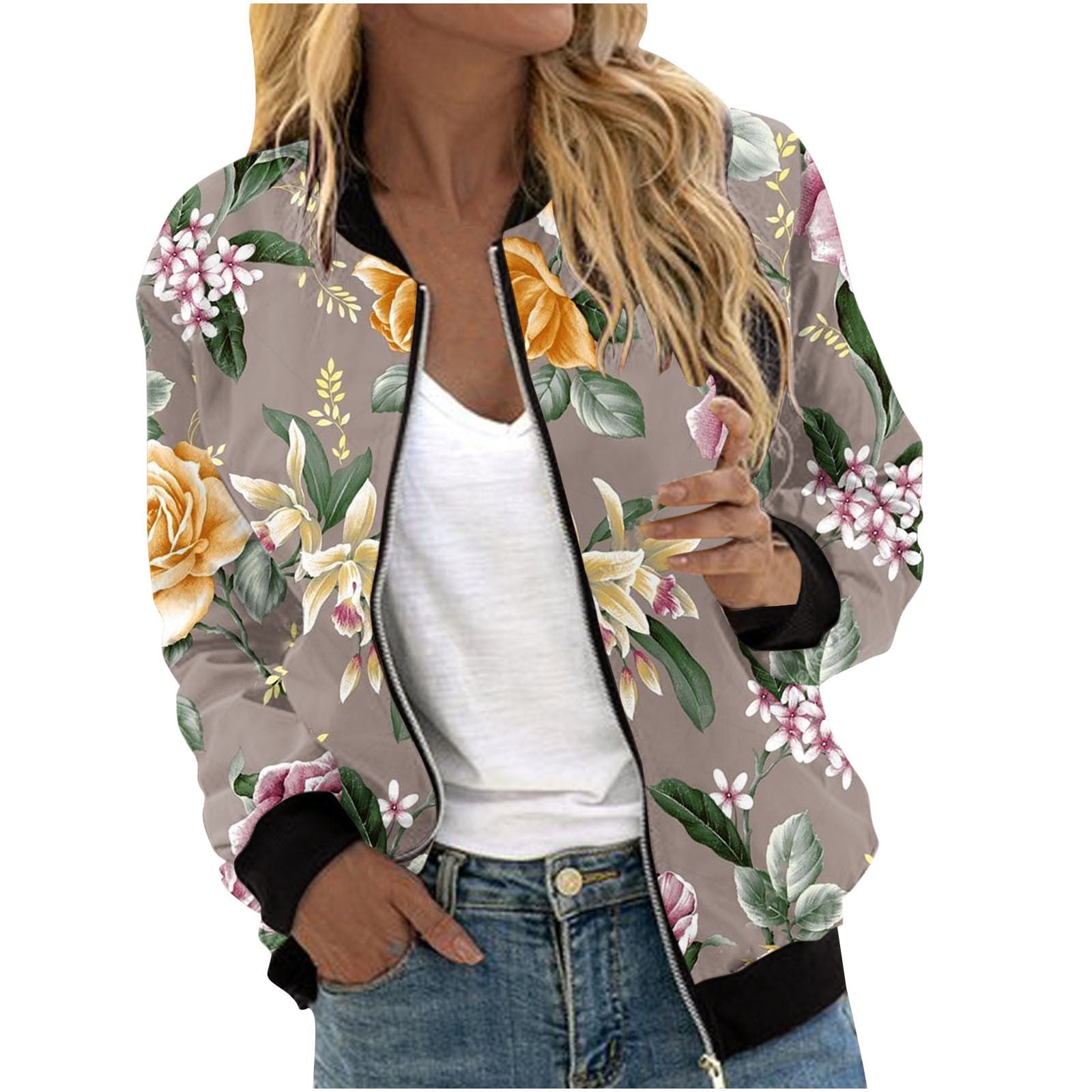 Cropped Bomber Jacket Women Zip Up Long Sleeve Floral Cropped Bomber Jacket Women Zip Up Long Sleeve Floral