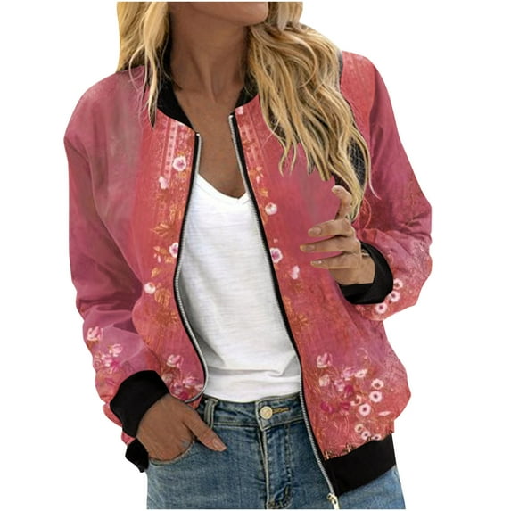 Cropped Bomber Jacket Women Zip Up Long Sleeve Floral Printed Lightweight Casual Stand Collar Short Outwear Top (XX-Large, Red)