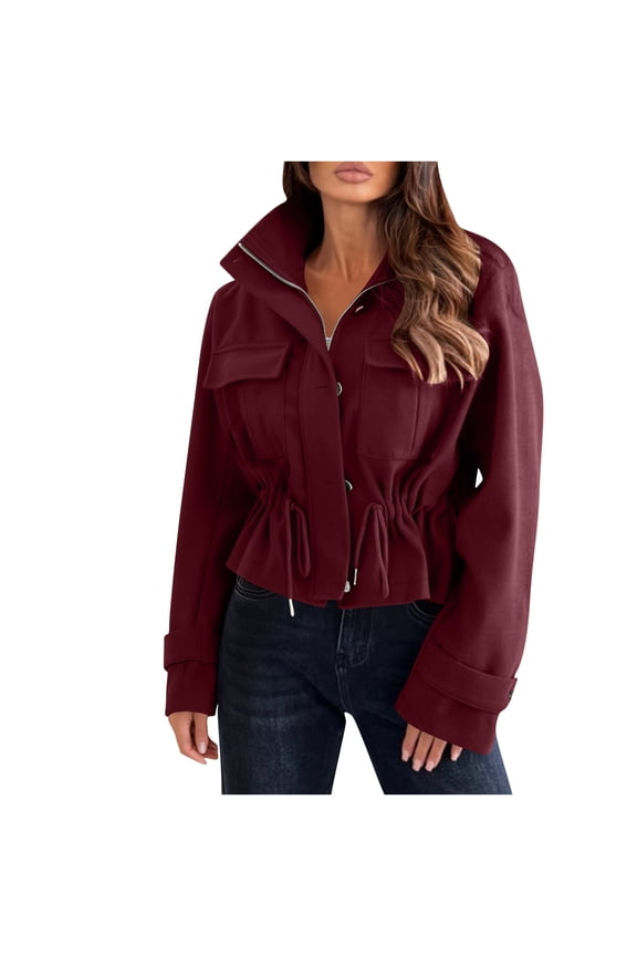 Cropped Bomber Jacket for Women Faux Wool Coat Zip Up Drawstring Stand Collar Trendy Clothing Drawstring Belted Tops (2XL, Wine)