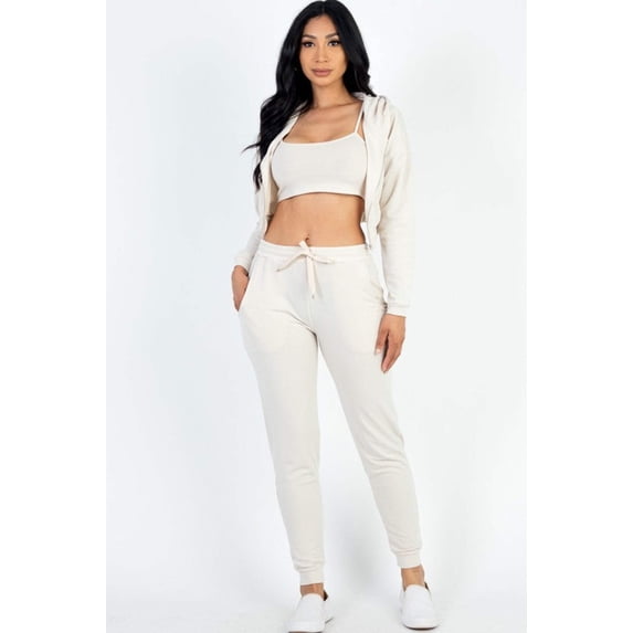 Cropped Cami with Zip-up Jacket and Joggers Set