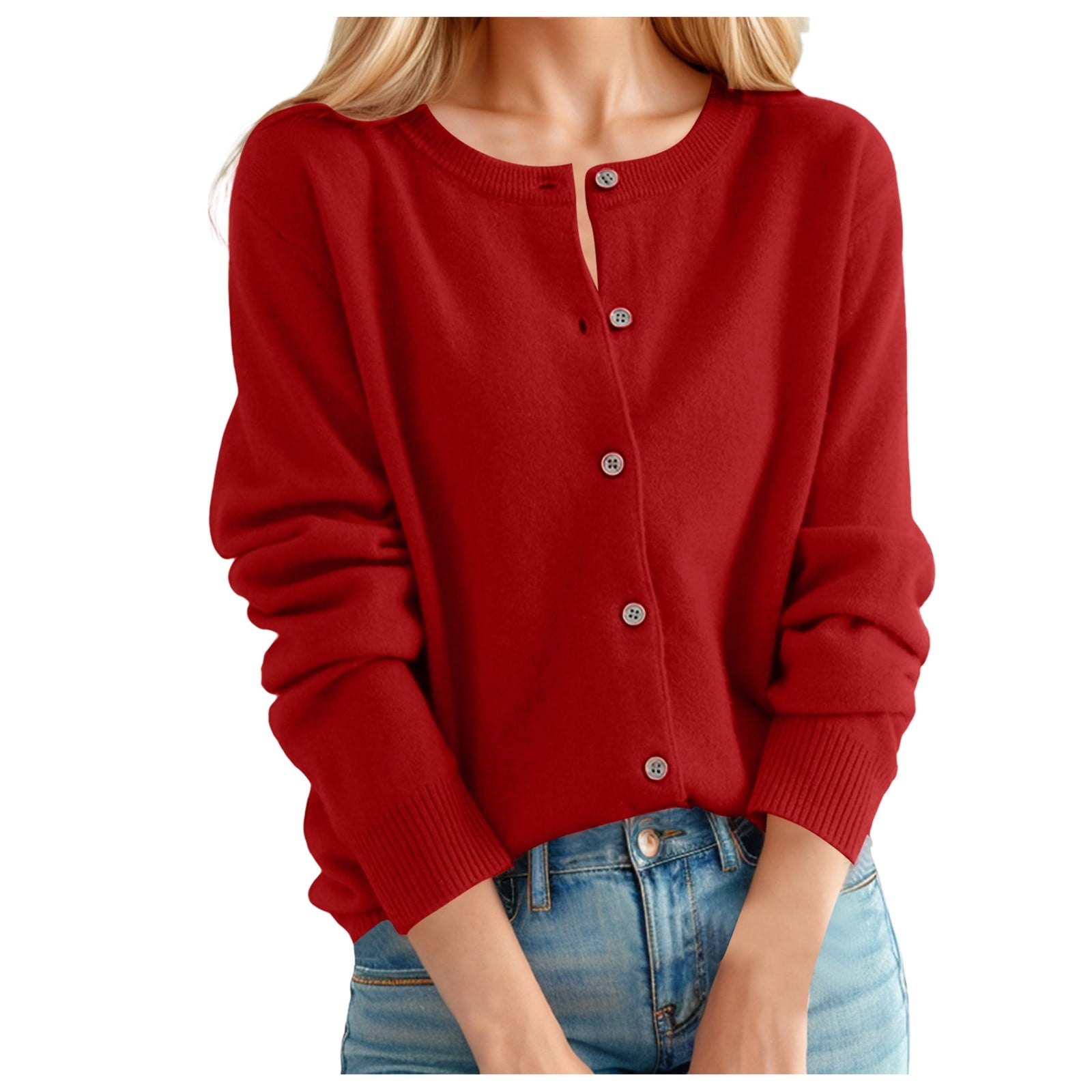 Cropped Cardigan Ladies Cardigan Sweater Classic Crew Neck Button Collar Knit Front Open Women's