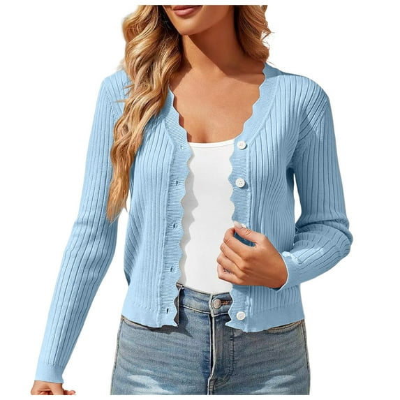 Cropped Cardigan Ladies Long Sleeve Cropped Lightweight Cardigan Button Down Sweaters V Neck Spring Cardigans Women 2025 Light Blue L