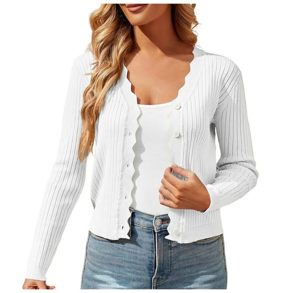 Cropped Cardigan Ladies Long Sleeve Cropped Lightweight Cardigan Button Down Sweaters V Neck Spring Cardigans Women 2025 White M