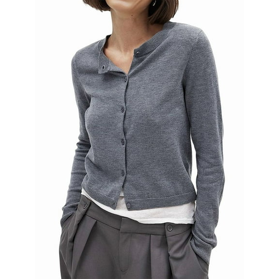 Cropped Cardigan Shrug for Women, Button Down Long Sleeve Knit Sweater for Dresses,for Jeans Grey S