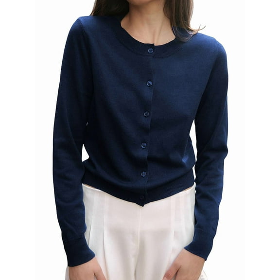 Cropped Cardigan Shrug for Women, Button Down Long Sleeve Knit Sweater for Dresses,for Jeans Navy Blue L