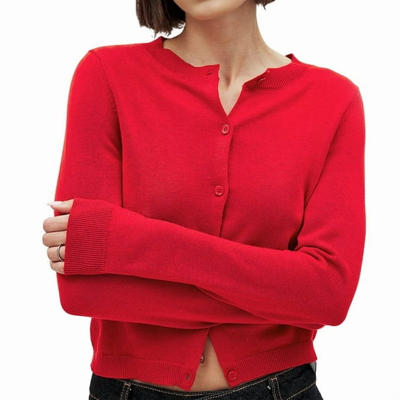 Cropped Cardigan Shrug for Women, Button Down Long Sleeve Knit Sweater for Dresses,for Jeans Red L