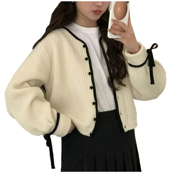 Cropped Cardigan Style Cropped Knitted Cardigan Design Sense Lace Up Sweater Jacket Over Top Cardigan Sweaters White One Size