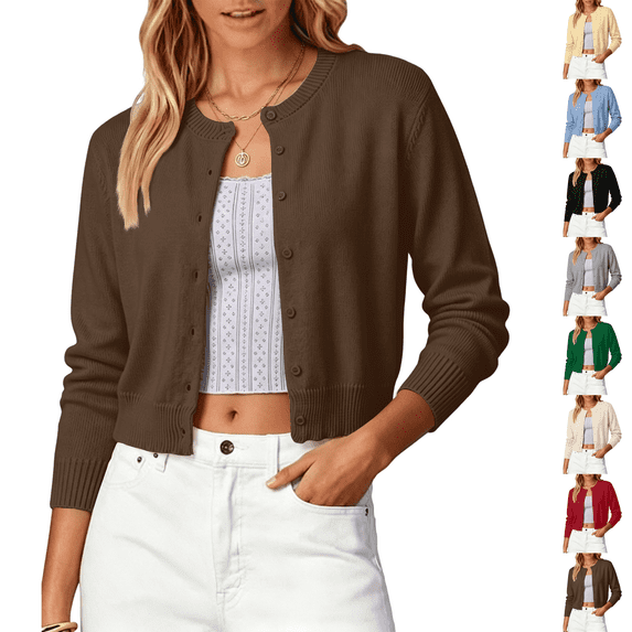 Cropped Cardigan Sweater Womens Lightweight Soft Knit Long Sleeve Crew Neck Button Down Dressy Cute Versatile Spring Fall Business Casual Work Travel Coffee S