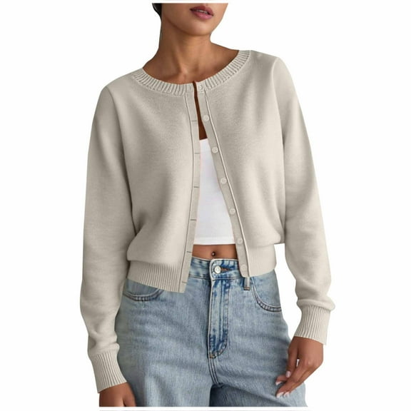Cropped Cardigan Sweater for Women Long Sleeve Crewneck Solid Button Down Knit Coat Beige M