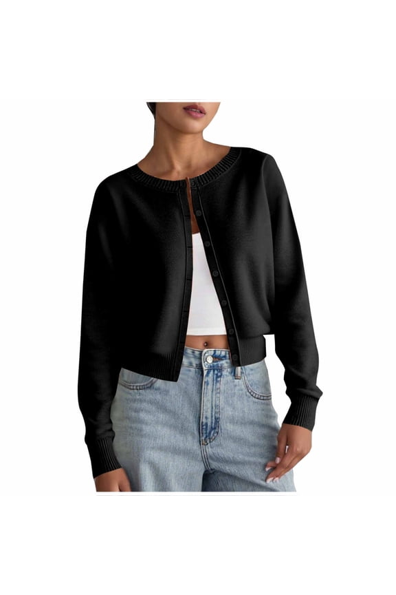 Cropped Cardigan Sweater for Women Long Sleeve Crewneck Solid Button Down Knit Coat Black M