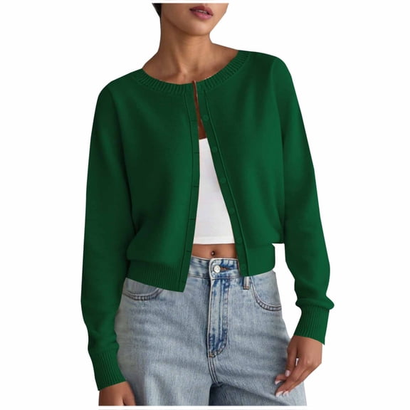 Cropped Cardigan Sweater for Women Long Sleeve Crewneck Solid Button Down Knit Coat Green XL