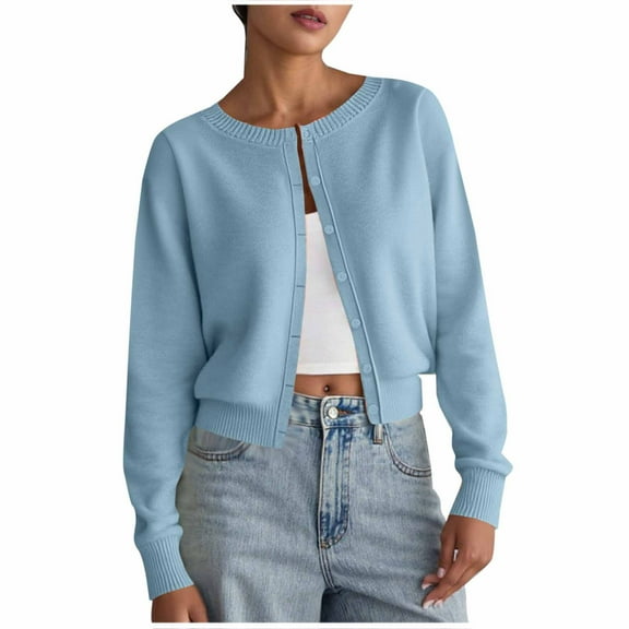 Cropped Cardigan Sweater for Women Long Sleeve Crewneck Solid Button Down Knit Coat Light Blue XL
