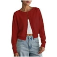 thumbnail image 1 of Cropped Cardigan Sweater for Women Long Sleeve Crewneck Solid Button Down Knit Coat Red M, 1 of 4