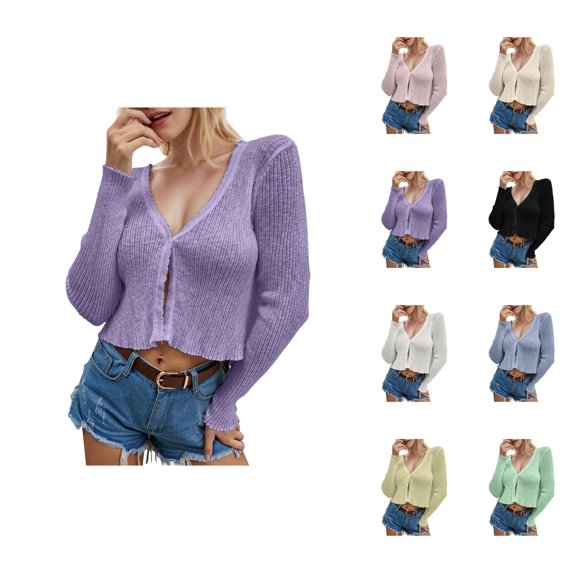 Cropped Cardigan Sweaters for Women 2025 Long Sleeve V Neck Button Open Front Knit Sweater Cardigan Bolero Tops