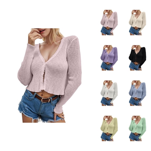 Cropped Cardigan Sweaters for Women 2025 Long Sleeve V Neck Button Open Front Knit Sweater Cardigan Bolero Tops
