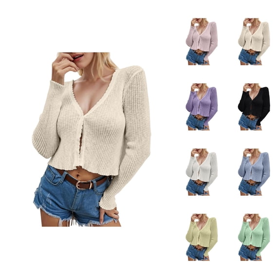 Cropped Cardigan Sweaters for Women 2025 Long Sleeve V Neck Button Open Front Knit Sweater Cardigan Bolero Tops