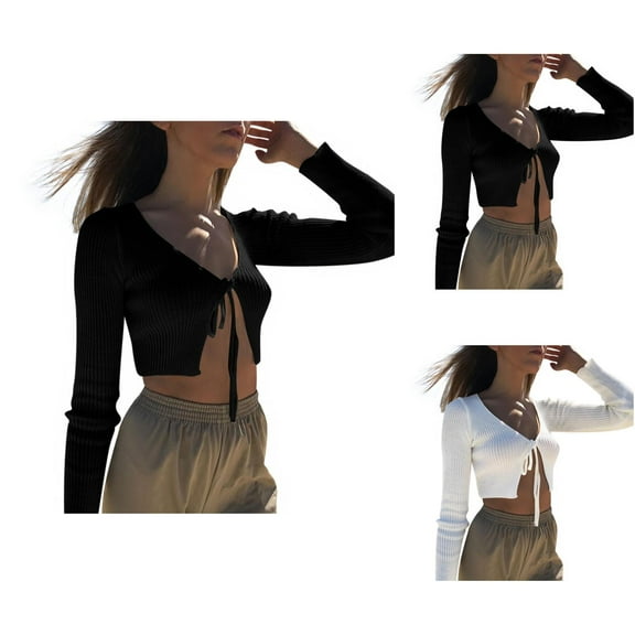 Cropped Cardigan Sweaters for Women 2025 Long Sleeve V Neck Ribbed Knit Tie Front Plain Cardigan Outerwear
