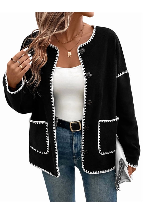 Cropped Cardigan Sweaters for Women Fall Dressy Casual Long Sleeve Button Down Knit- Jacket Outwear Black M