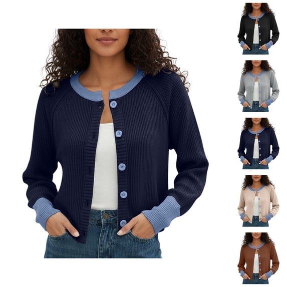 Cropped Cardigan Sweaters for Women Long Sleeve Color Block Crewneck Button Up Open Front Knit Cardigans Fall Tops