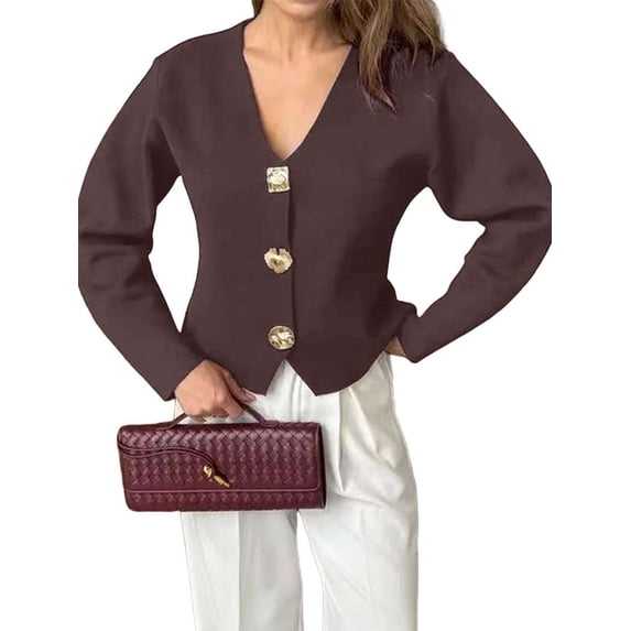 Cropped Cardigan Sweaters for Women V Neck Long Sleeve Gold Button Down Knit Cardigan Tops Brown L