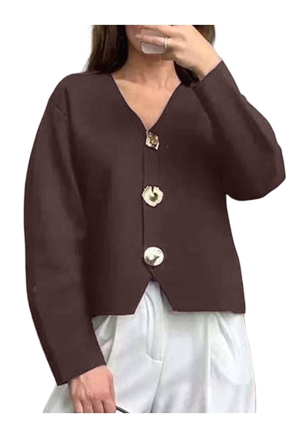 Cropped Cardigan Sweaters for Women V Neck Long Sleeve Gold Button Down Knit Cardigan Tops Brown S