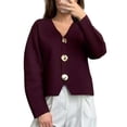 thumbnail image 1 of Cropped Cardigan Sweaters for Women V Neck Long Sleeve Gold Button Down Knit Cardigan Tops Rose Red L, 1 of 10