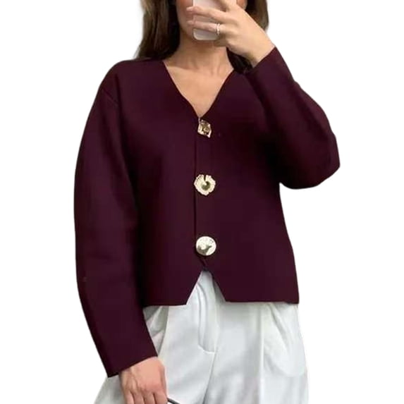 Cropped Cardigan Sweaters for Women V Neck Long Sleeve Gold Button Down Knit Cardigan Tops Rose Red L