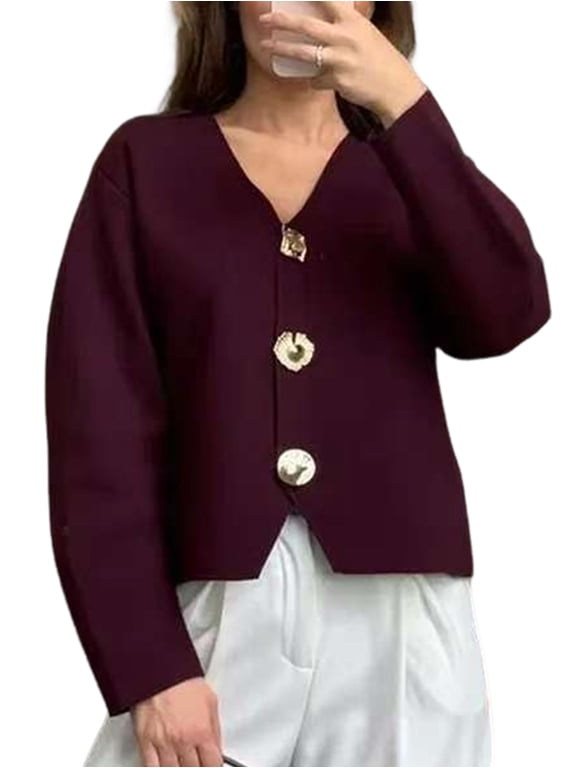 Cropped Cardigan Sweaters for Women V Neck Long Sleeve Gold Button Down Knit Cardigan Tops Rose Red M