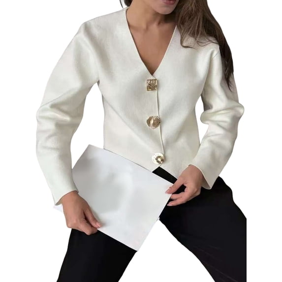 Cropped Cardigan Sweaters for Women V Neck Long Sleeve Gold Button Down Knit Cardigan Tops White L
