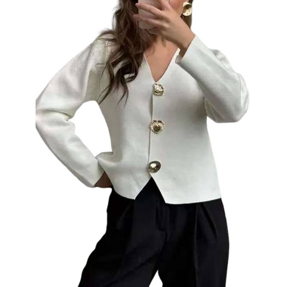 Cropped Cardigan Sweaters for Women V Neck Long Sleeve Gold Button Down Knit Cardigan Tops White S
