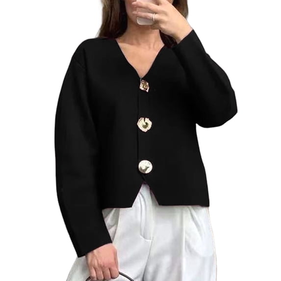 Cropped Cardigan Sweaters for Women V Neck Long Sleeve Gold Button Down Knit Cardigan Tops