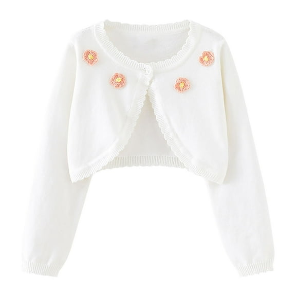 Cropped Cardigan for Girls Long Sleeve Crochet Floral Knitted Bolero Shrug Sweater Thin Fall Dress Cover up Kids Clothes, White, 11 Years