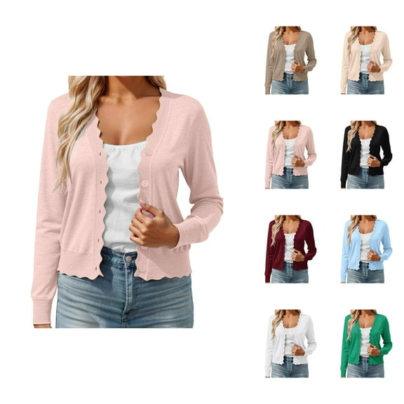 Cropped Cardigan for Women 2025 Fall Lightweight Long Sleeve V Neck Button Wave Trim Knit Cardigan Sweaters Blouse Top