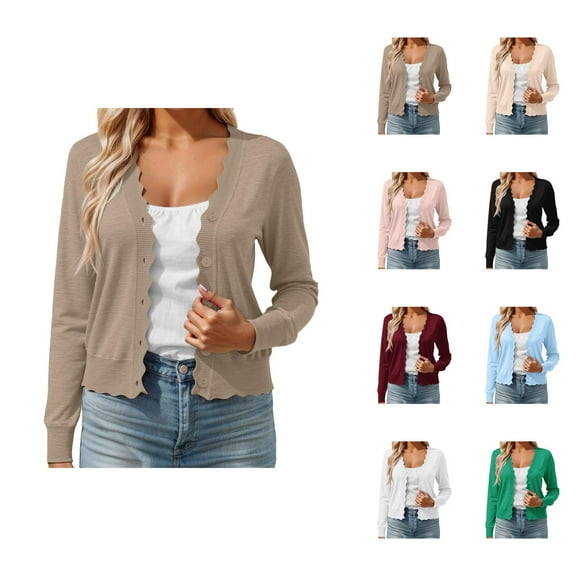 Cropped Cardigan for Women 2025 Fall Lightweight Long Sleeve V Neck Button Wave Trim Knit Cardigan Sweaters Blouse Top