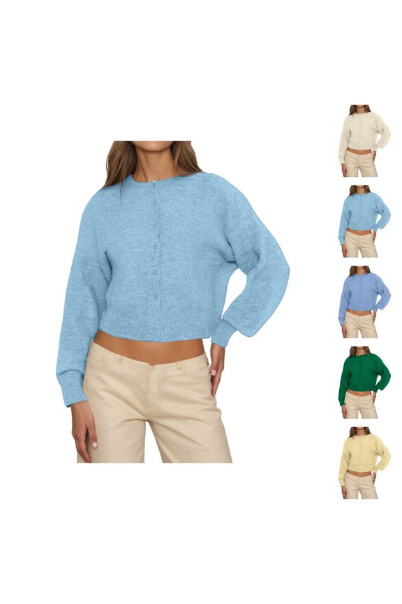 Cropped Cardigan for Women 2025 Fall Long Sleeve Crewneck Button Down Plain Knit Cardigan Sweaters Blouse Top