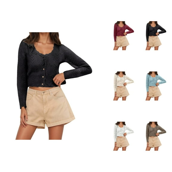 Cropped Cardigan for Women 2025 Lightweight Long Sleeve Crewneck Button Eyelet Knit Sweater Cardigans Bolero