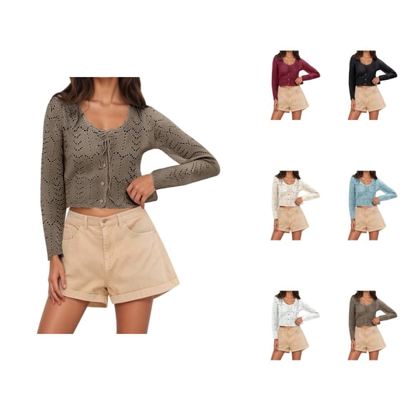 Cropped Cardigan for Women 2025 Lightweight Long Sleeve Crewneck Button Eyelet Knit Sweater Cardigans Bolero
